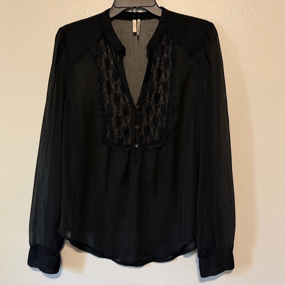 Frenchi Black Long-Sleeve Sheer Lace-Trim V-Neck Blouse